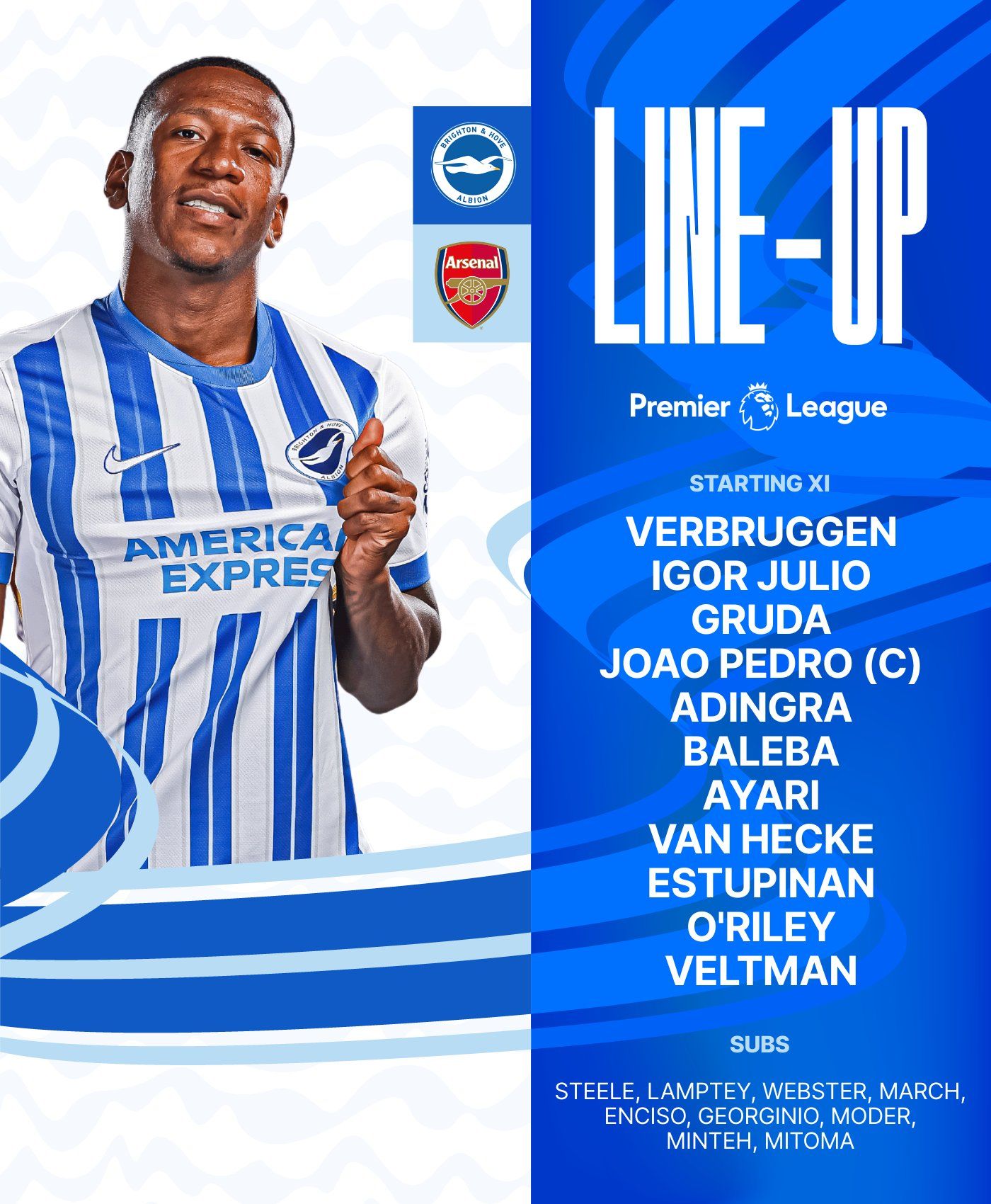 Albion v Arsenal starting XI graphic featuring an image of Pervis in our home kit: Verbruggen, Igor Julio, Gruda, Joao Pedro (C), Adingra, Baleba, Ayari, van Hecke, Estupinan, O'Riley, Veltman. Subs: Steele, Lamptey, Webster, March, Enciso, Georginio, Moder, Minteh, Mitoma. Come on Albion!