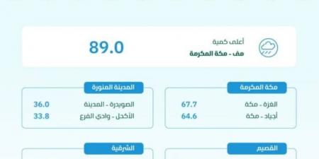 البيئة: مكة المكرمة تسجّل أعلى كمية أمطار بـ (89) ملم