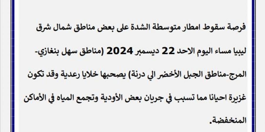 تنبيه جوي: أمطار غزيرة محتملة في شمال شرق ليبيا اليوم