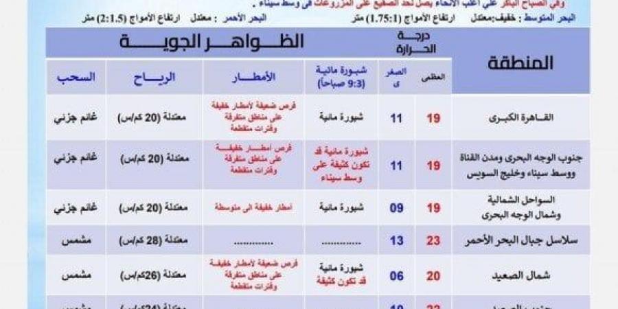 «أمطار على هذه المناطق».. الأرصاد تحذر من حالة الطقس اليوم السبت 11 يناير 2025