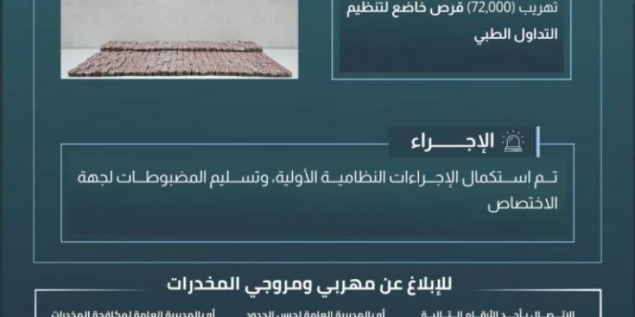 حرس الحدود بجازان يحبط تهريب 72,000 قرص خاضع لتنظيم التداول الطبي